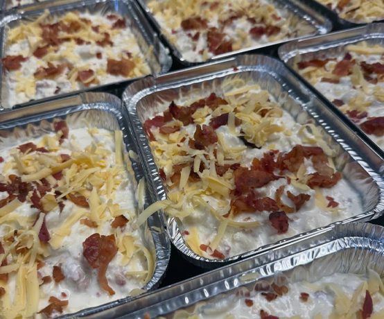 Pans of bacon mac and cheese