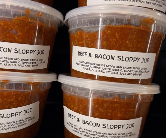 Tubs labeled Beef & Bacon Sloppy Joe